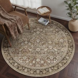 HUGEAR Round Rug 5ft Entryway Rugs Machine Washable Brown Hallway Area Rug 5×5 S