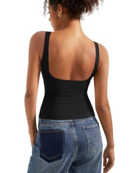 SUUKSESS Women Built in Bra Open Back Boat Neck Tank Tops Double Lined Backless