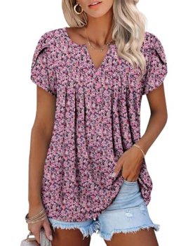 ONLYSHE Womens Summer Petal Sleeve Shirts V Neck Tunic Tops Casual Flowy Tunic F