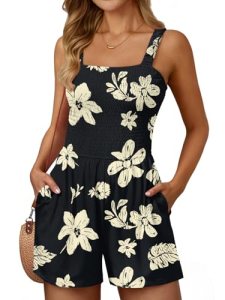 AUTOMET Rompers for Women Summer Vacation Beach Outfits Casual Loose Square Neck