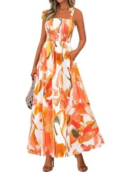 PRETTYGARDEN Womens Summer Dresses Floral Sleeveless Smocked Maxi Dress Boho Spa