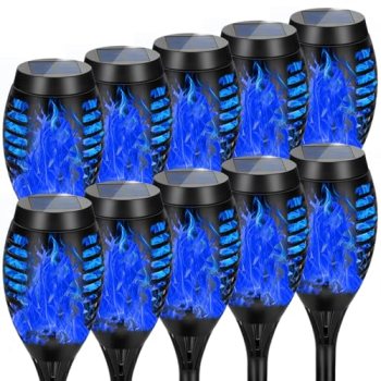 AOUNQ Solar Lights Outdoor, Upgraded 10 Pack Blue Solar Torch Light with Flicker