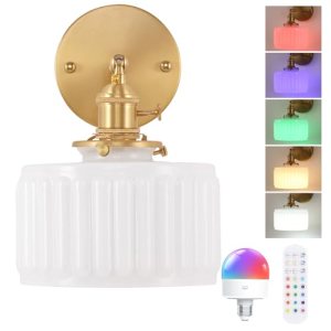 Shenmoyl Vintage Battery Operated Wall Sconce with White Striped Glass Lampshade