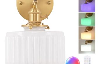 Shenmoyl Vintage Battery Operated Wall Sconce with White Striped Glass Lampshade