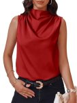 Cicy Bell Womens Mock Neck Satin Tank Tops Business Casual Work Ruched Blouses S