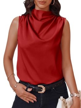 Cicy Bell Womens Mock Neck Satin Tank Tops Business Casual Work Ruched Blouses S