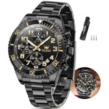 OLEVS Watch Men,Black Watches for Men Luxury Dress Moon Phase Black Mens Watch F