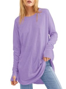 Fisoew Women’s Casual Long Sleeve Tops Crew Neck Round Hem Loose T-Shirts Tunic