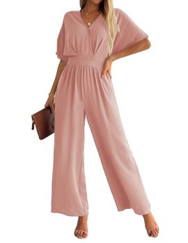 LOOKBOHO Womens Jumpsuits Dressy Wide Leg Pant Jumpsuit V Neck Short Sleeve Casu