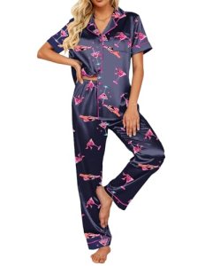 Ekouaer Silk Satin Pajamas Set Women Short Sleeve Sleepwear Soft Button Down Lou
