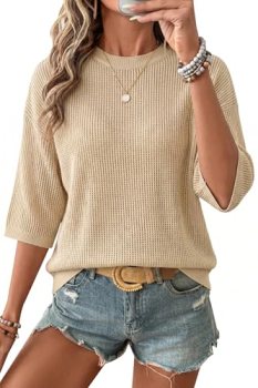Arach&Cloz 2026 Women’s Cotton Spring Summer Crochet Tops Crew Neck 3/4 Half Dro