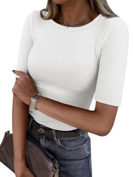 ANRABESS Womens Half Sleeve Crewneck Tops Ribbed Knit Slim Fit Shirts Basic Tee