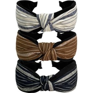 Jseng 3PC Boho Braid Headband Cloth Cross Knot Elastic Hair Hoop Striped Linen W
