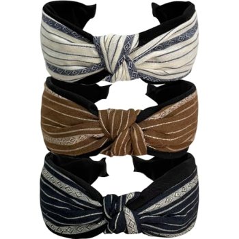 Jseng 3PC Boho Braid Headband Cloth Cross Knot Elastic Hair Hoop Striped Linen W