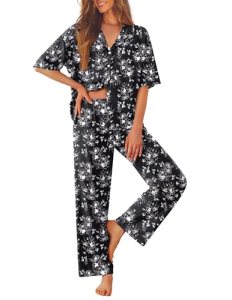Ekouaer Women Pajamas Set Button Down Sleepwear Short Sleeve Pjs Soft Comfy Nigh