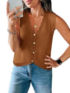 Saodimallsu Womens Sleeveless V Neck Sweater Vest Cropped Button Down Casual Loo