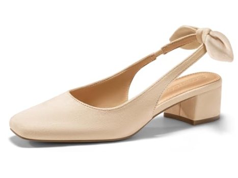 Coutgo Womens Chunky Low Heels Bow Slingback Pumps Closed Square Toe Wedding Par