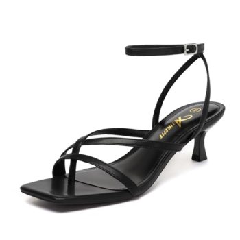 Athlefit Kitten Heels for Women Black Square Open Toe Strappy Low Heels Ankle St