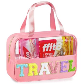 Snack Bag for Travel, Chenille Letter Clear Makeup Bag