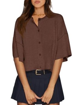 Cicy Bell Womens Half Sleeve Cardigan Sweaters Cropped Button Down Tops Oversize