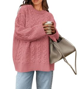 Okiwam Women’s Oversized Sweaters Crewneck Cable Knit Pullover Casual Loose Fall
