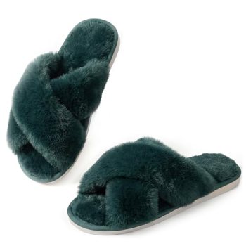 Ankis Women’s Fuzzy Slippers Cross Band Memory Foam Open Toe Comfy Soft House Sh