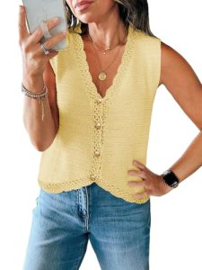 Saodimallsu Womens Sleeveless V Neck Sweater Vest Cropped Button Down Casual Loo