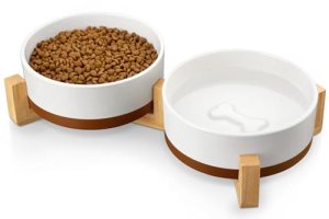 MALACASA Ceramic Dog Bowls Set with Wood Stand