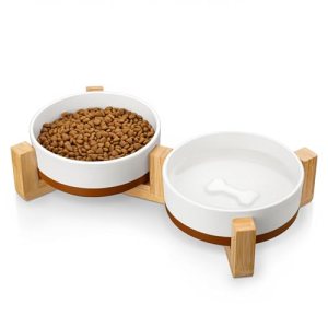 MALACASA Ceramic Dog Bowls Small Size Dog with Wood Stand
