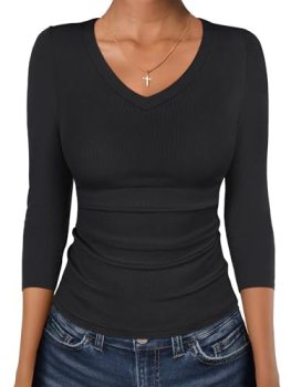 ANRABESS 3/4 Sleeve Shirts for Women V Neck Ribbed Knit Slim Fitted Tops Basic T