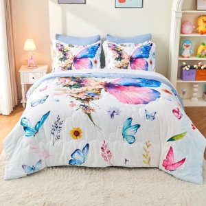 Jameswish 7 Piece Butterfly Comforter Set Queen Size 3D Colorful Floral Butterfl