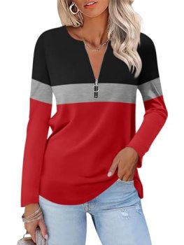 TICTICMISS Women’s Long Sleeve Shirts Zipper Color Block V Neck Tunic Tops Casua