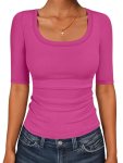 ANRABESS Womens Half Sleeve Tops Scoop Neck Ribbed Knit Slim Fitted Basic Tee Sh