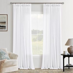 90 Inch Pinch Pleated Linen Curtains for Living Room Bedroom Snow White Neutral
