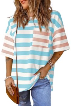 Womens Oversized Color Block Striped Tshirts Summer Casual Short Sleeve Tops Loo