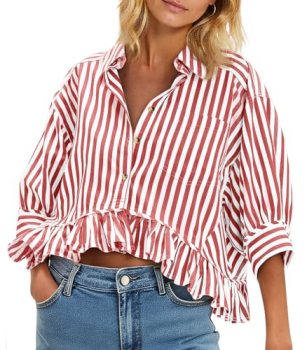 Cicy Bell Womens Cropped Striped Button Down Shirts Ruffle 3/4 Length Sleeve Sum