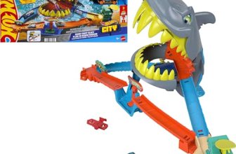 Hot Wheels Toy Car Track Set, City Shark Chomp Beach Playset with 1:64 Scale Die
