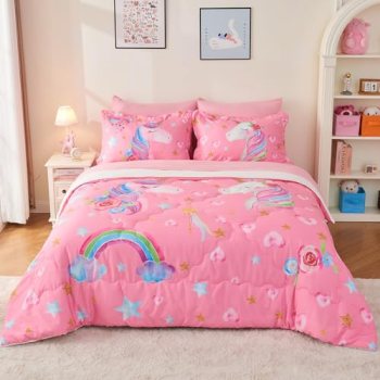 Wajade Pink Unicorn Comforter Set for Girls 7 Piece Cute Cartoon Bedding Set for