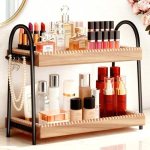 Xumilas 2-Tier Bathroom Countertop Organizer with 8 Hooks -Wooden Perfume & Make