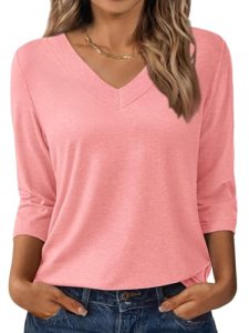 3/4 Length Sleeve Womens Tops V Neck Casual Tunic Loose Fit Basic Shirts Trendy