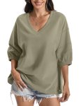 EasyGala Womens Cotton V Neck Sweatshirt 3/4 Sleeve Slouchy Fit Going Out Tops T
