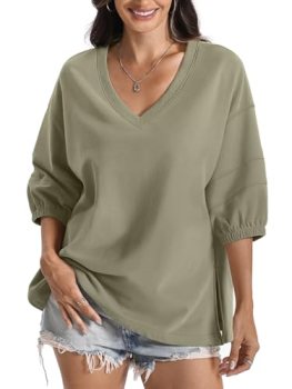 EasyGala Womens Cotton V Neck Sweatshirt 3/4 Sleeve Slouchy Fit Going Out Tops T