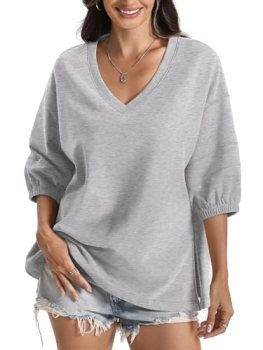 EasyGala Womens Cotton V Neck Sweatshirt 3/4 Sleeve Slouchy Fit Going Out Tops T