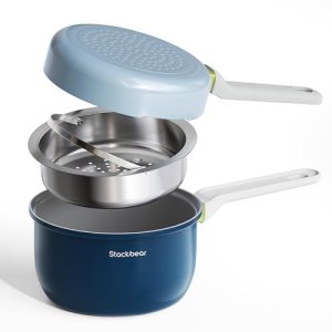 Ceramic Non Stick Cookware Set, 2.5QT Saucepan, 7″ Egg Omelette Pan & 18/10 Stai
