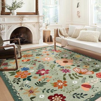 Washable Area Rug, Floral Rug, Large Carpet for Living Room & Bedroom