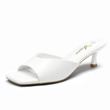 Athlefit White Kitten Heels for Women Square Open Toe Low Heels Heeled Sandals S