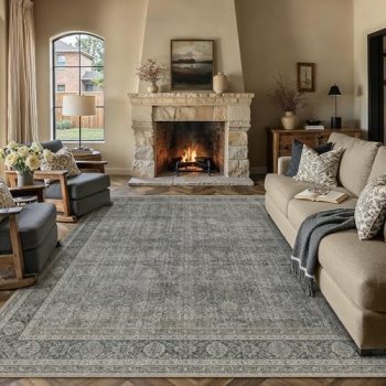 PureCozy Vintage Area Rug 5×7 Grey Brown Washable Living Room Large Carpet Non S