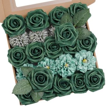 BSMYBO 23pcs Green Flower Artificial Roses Faux Flowers with Stems Mix Fake Rose