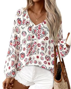 Zenlonr Womens Fall Tops Dressy Casual 2025 V Neck Satin Silk Printed Shirts Boh