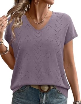 WIHOLL Sweaters for Women V Neck Short Sleeve Purple Sweaters Trendy Cute Fall O